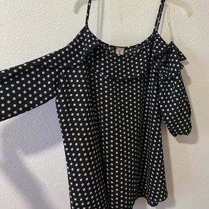 Cold shoulder ruffled black and white polka dot blouse